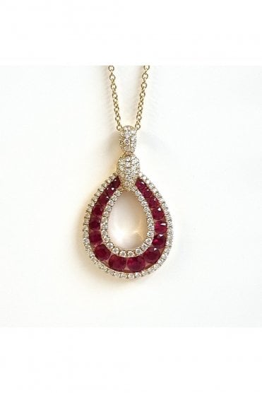 18ct Yellow Gold Diamond & Ruby Pendant on Chain Ruby Cut Round Brilliant