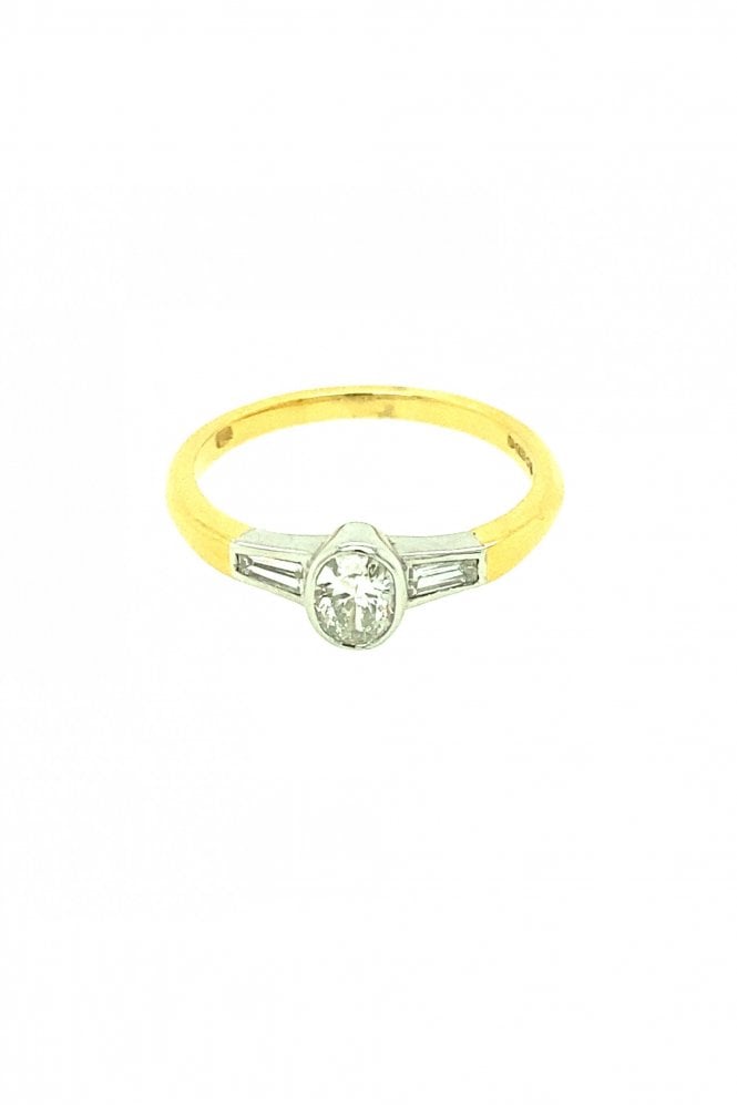 18ct Yellow Gold Diamond Shoulder Ring Rubbed Over Set Oval & Baguette Cut