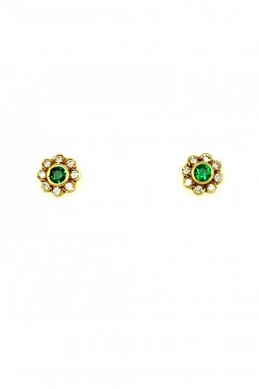 18ct Yellow Gold Emerald Diamond Flower Earrings 18ct Yellow Gold Rubbed Over & Cluster Set