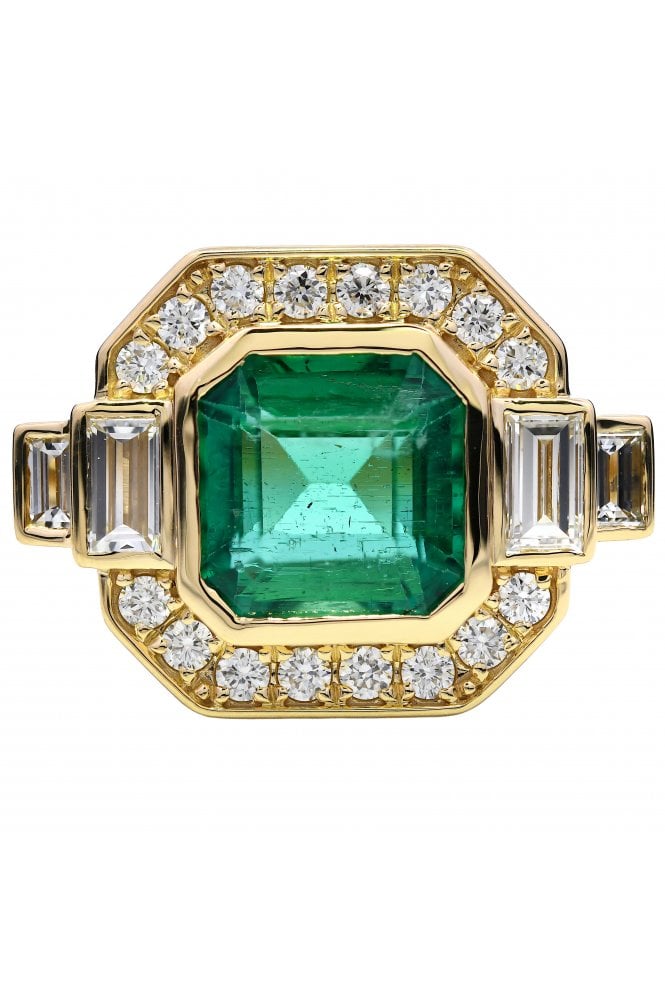 18ct Yellow Gold Emerald & Diamond Ring Emerald 18ct Yellow Gold Rub-over Set