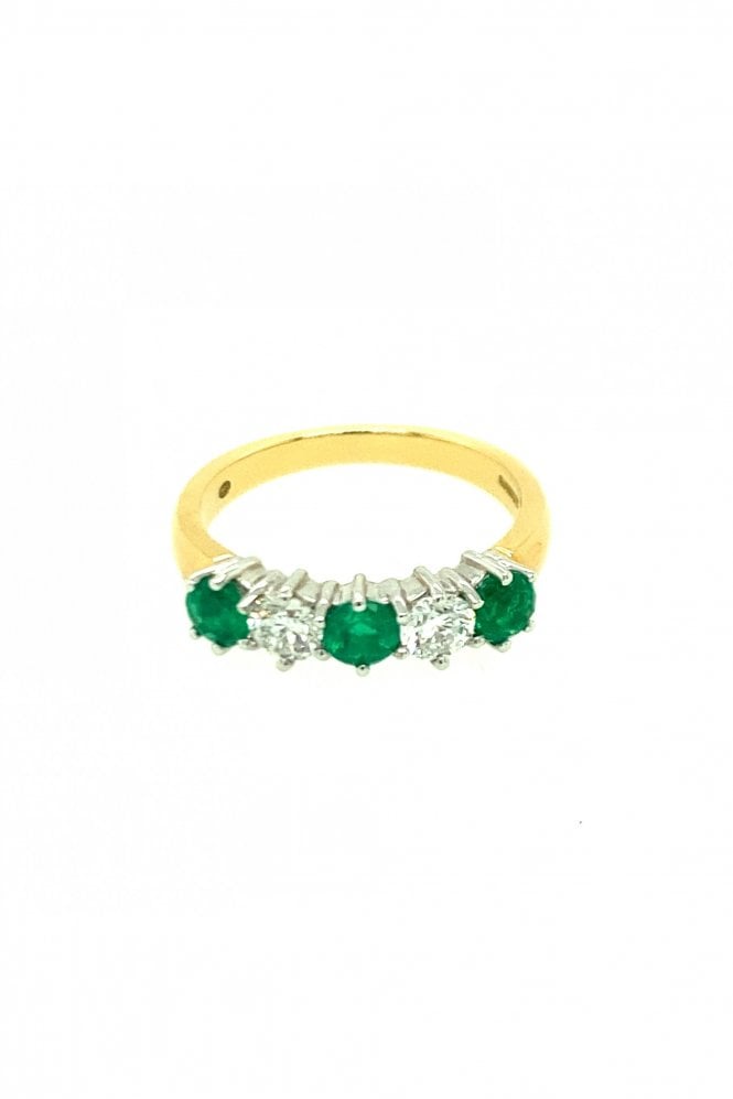 18ct Yellow Gold Emerald & Diamond Ring Half Eternity