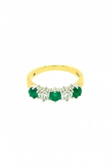 18ct Yellow Gold Emerald & Diamond Ring Half Eternity