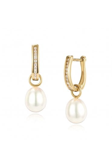 18ct Yellow Gold Freshwater Pearl & Diamond Hoop Earrings Removable Pearls