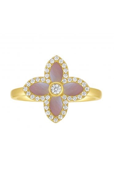 18ct Yellow Gold Mother of Pearl and Diamond Ring Four Petal Design