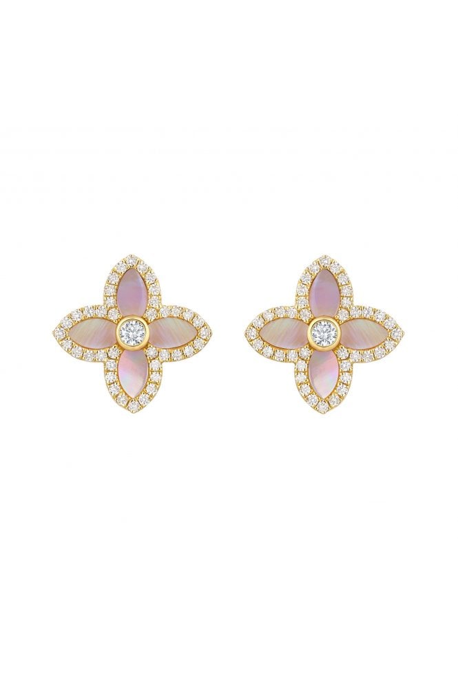 18ct Yellow Gold Mother of Pearl and Diamond Stud Earrings Four Petal Design