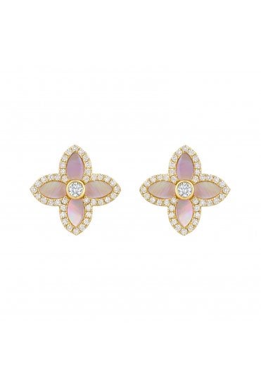 18ct Yellow Gold Mother of Pearl and Diamond Stud Earrings Four Petal Design