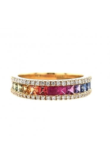 18ct Yellow Gold Multi Sapphire & Diamond Ring Square Sapphires Channel Set