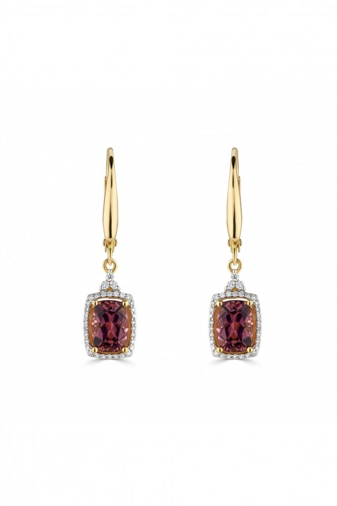 18ct Yellow Gold Pink Tourmaline & Diamond Hoop Earrings Pink Tourmaline Cushion Cut