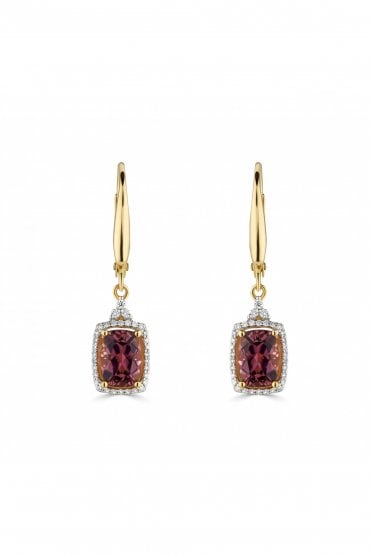 18ct Yellow Gold Pink Tourmaline & Diamond Hoop Earrings Pink Tourmaline Cushion Cut