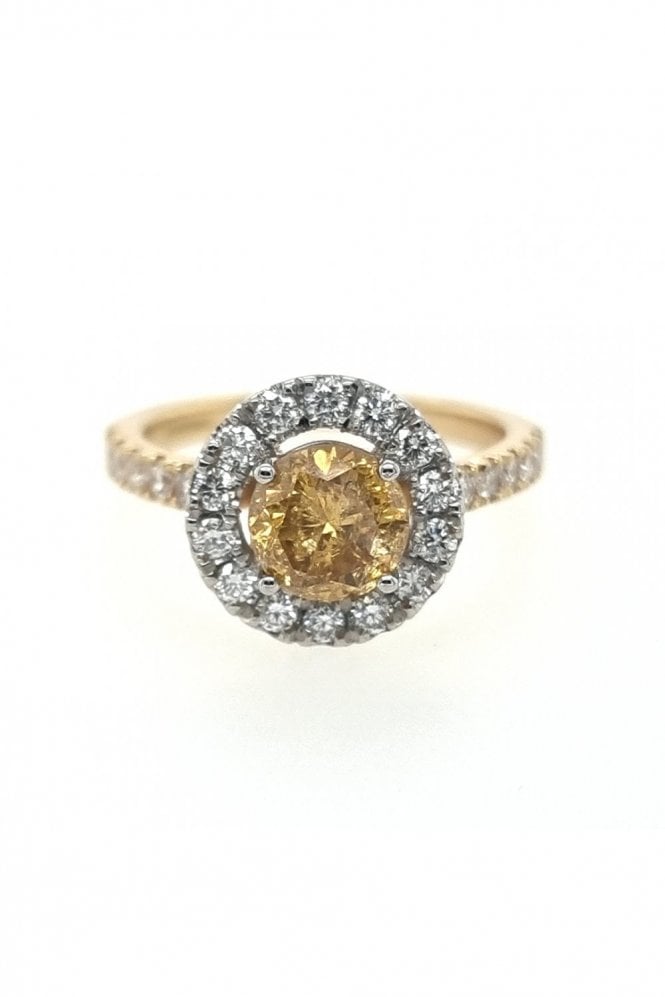18ct Yellow Gold & Platinum Diamond Cluster Ring Fancy Yellow Champagne Diamond Centre Stone