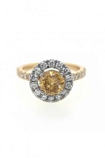 18ct Yellow Gold & Platinum Diamond Cluster Ring Fancy Yellow Champagne Diamond Centre Stone
