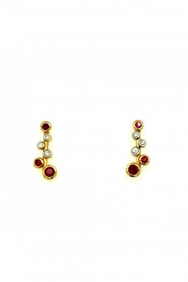 18ct Yellow Gold Ruby & Diamond Drop Earrings Rubbed Over Set Round Brilliant