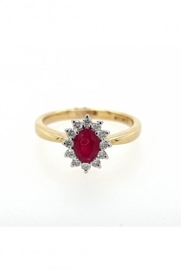 18ct Yellow Gold Ruby & Diamond Halo Ring 18ct White Gold Claw Set