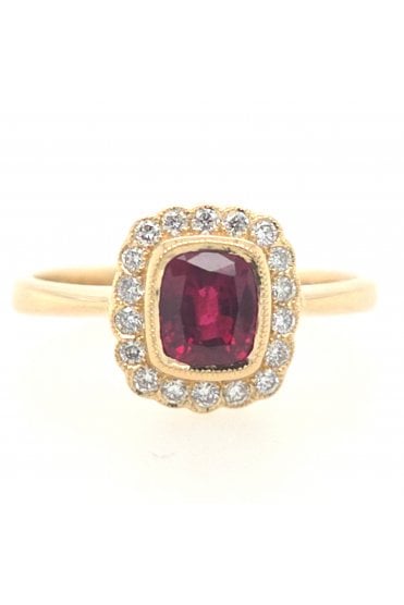 18ct Yellow Gold Ruby & Diamond Ring 18ct Yellow Gold Milgrain Set
