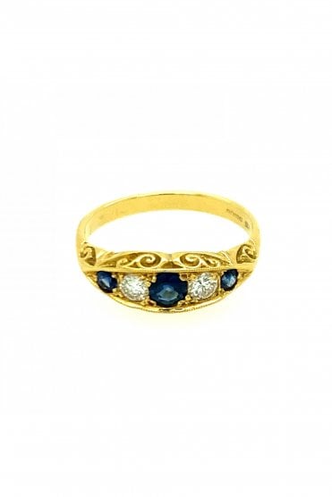 18ct Yellow Gold Sapphire & Diamond Ring  Bead Set With Scrolled Side Detail