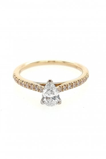 18ct Yellow Gold Wed-fit Single Pear Diamond Stone Ring Diamond Set Shoulders 0.16cts