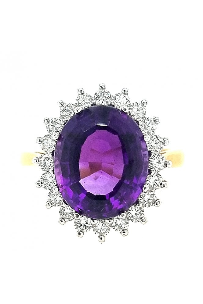 18ct Yellow & White Gold Amethyst and Diamond Cluster Ring Amethyst 18ct White Gold Claw Set