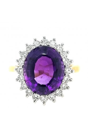 18ct Yellow & White Gold Amethyst and Diamond Cluster Ring Amethyst 18ct White Gold Claw Set