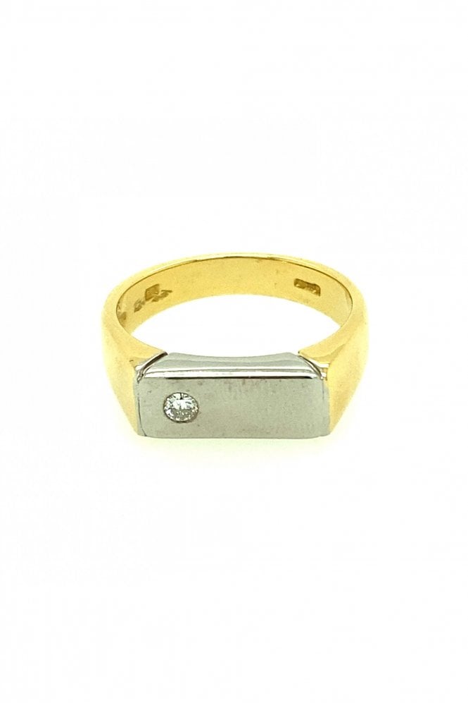 18ct Yellow & White Gold With Diamond Signet Ring Pave Set 0.06ct Round Brilliant Cut