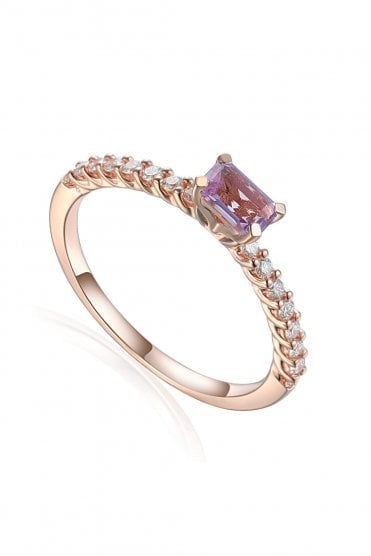 9ct Rose Gold Pink Amethyst & Diamond Ring Fine Diamond Set Shoulders