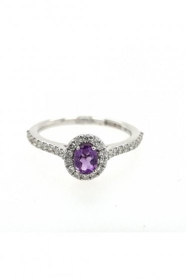 9ct White Gold Amethyst & Diamond Ring Diamond Pave Set Halo & Shoulders