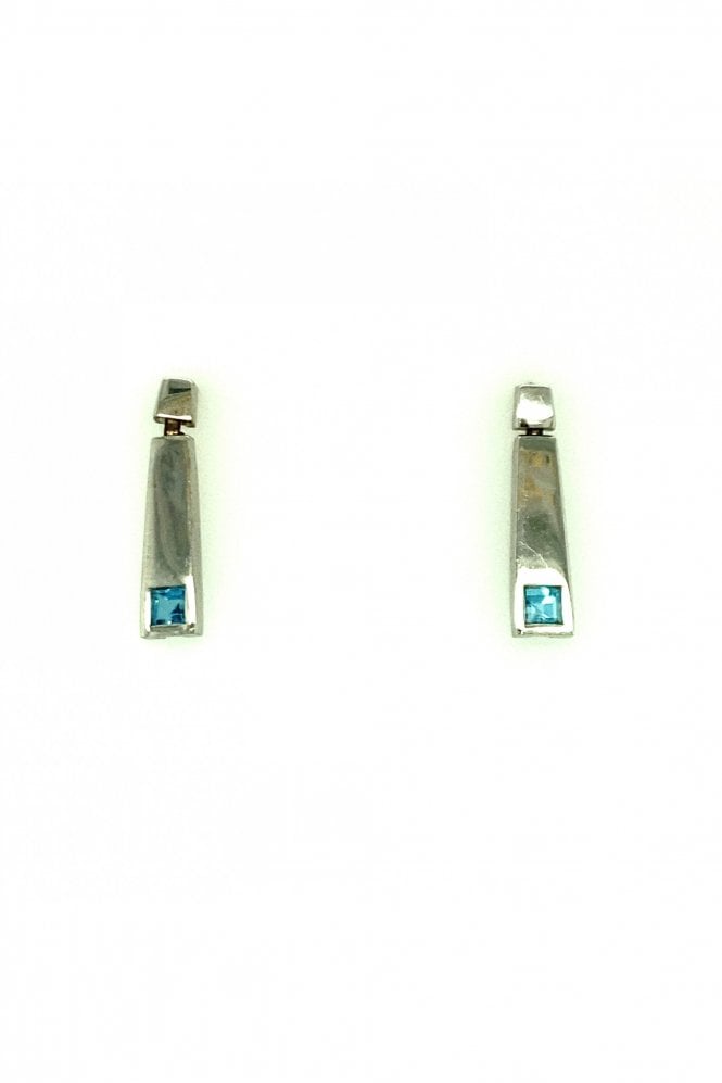 9ct White Gold Blue Topaz Drop Earrings Rubover Set Princess Cut