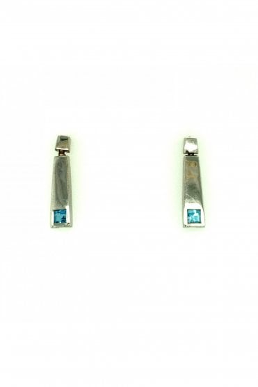 9ct White Gold Blue Topaz Drop Earrings Rubover Set Princess Cut