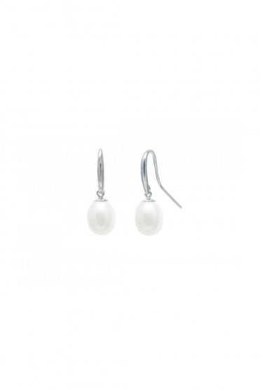 9ct White Gold Cultured White River Pearl Drop Earrings 9ct White Gold "Shepherds Crook" Fittings