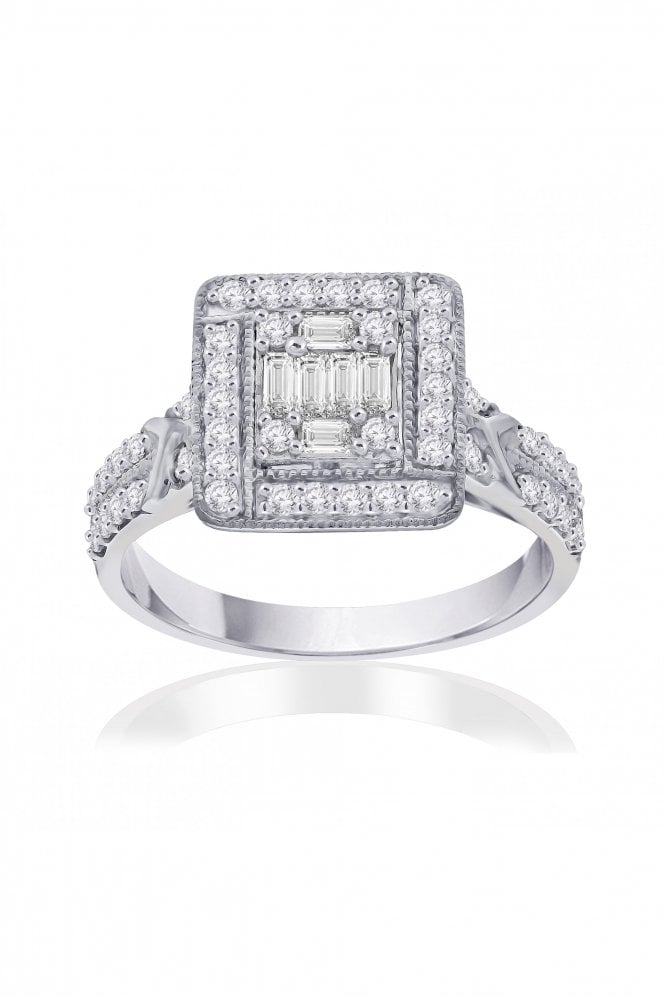 9ct White Gold Diamond Fancy Cluster Ring Baguette & Round Brilliant 0.65ct