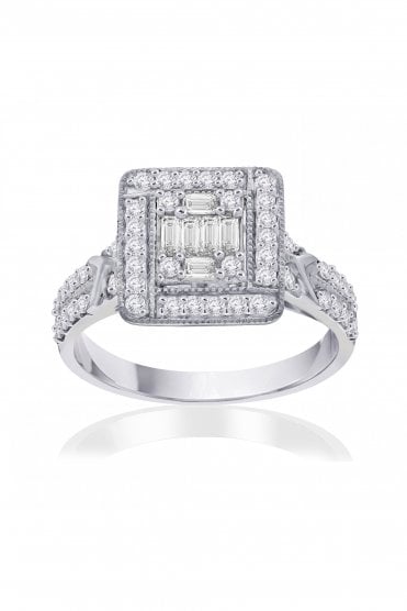 9ct White Gold Diamond Fancy Cluster Ring Baguette & Round Brilliant 0.65ct