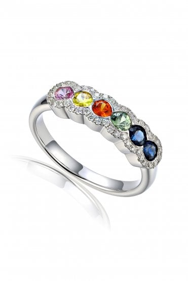 9ct White Gold Diamond & Rainbow Sapphire Ring 9ct White Gold Claw Set