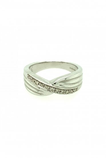 9ct White Gold Fancy Twist Diamond Ring Pave Set Round Brilliant 0.10ct