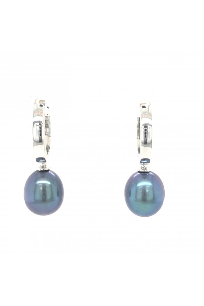 9ct White Gold Freshwater Black Pearl Huggie Earrings