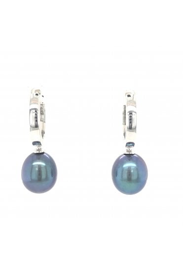 9ct White Gold Freshwater Black Pearl Huggie Earrings