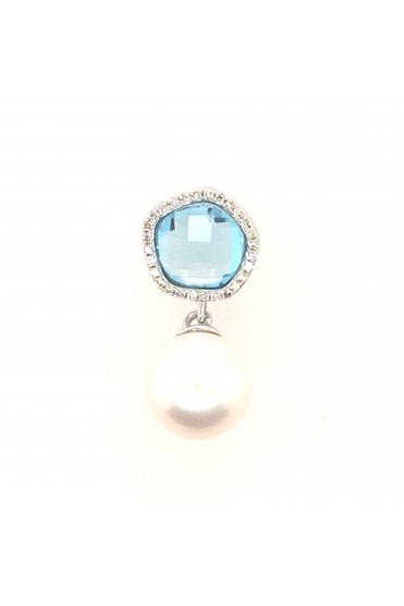 9ct White Gold Freshwater Pearl, Blue Topaz & Diamond Pendant