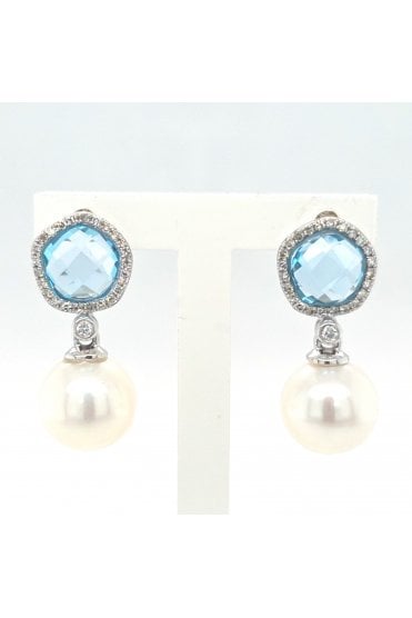 9ct White Gold Freshwater Pearl, Blue Topaz & Diamond Stud Earrings