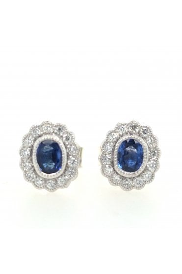 9ct White Gold Sapphire and Diamond Stud Earrings 9ct White Gold Rub-over Set