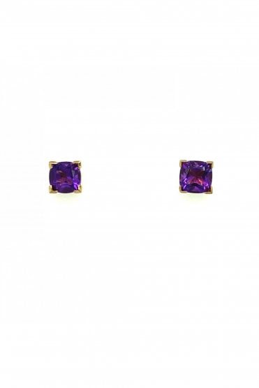 9ct Yellow Gold Amethyst Stud Earrings Claw Set Amethyst Cushion Cut