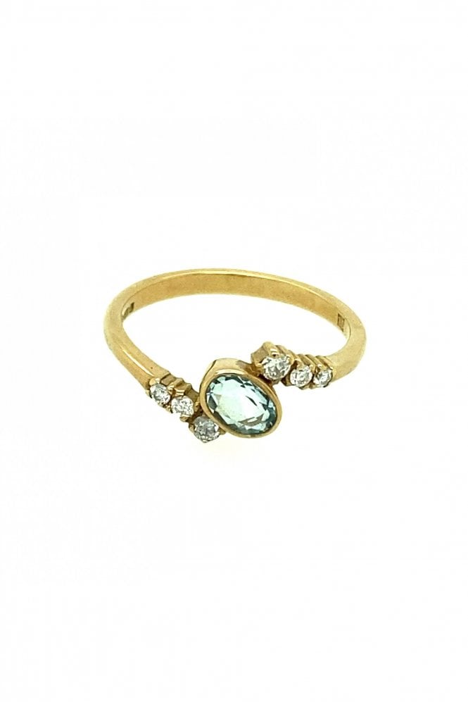 9ct Yellow Gold Aquamarine & Diamond Ring 9ct Yellow Gold Rubover Set