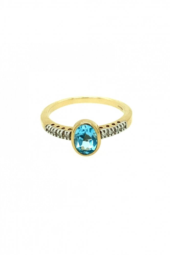 9ct Yellow Gold Blue Topaz Ring Diamond Shoulders