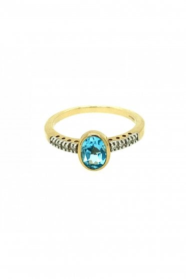 9ct Yellow Gold Blue Topaz Ring Diamond Shoulders