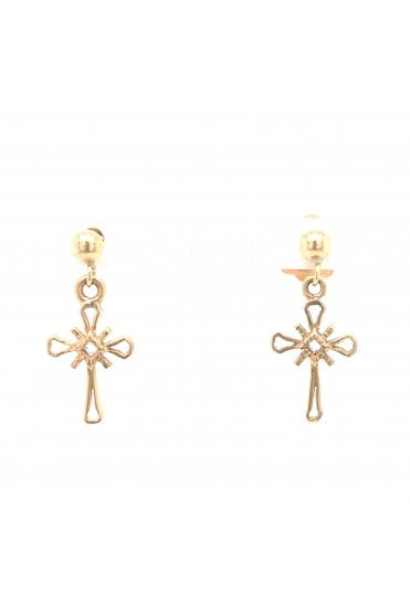 9ct Yellow Gold Cross Drop Earrings
