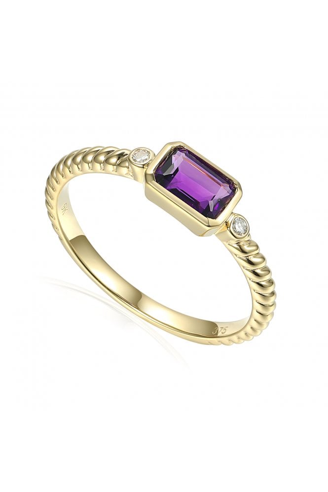 9ct Yellow Gold Diamond & Amethyst Ring Twisted Rope Style Band