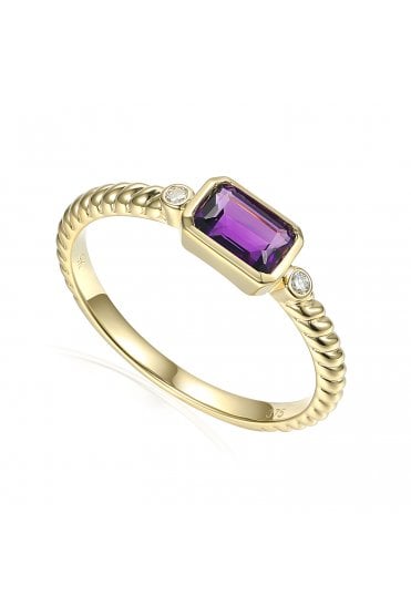 9ct Yellow Gold Diamond & Amethyst Ring Twisted Rope Style Band