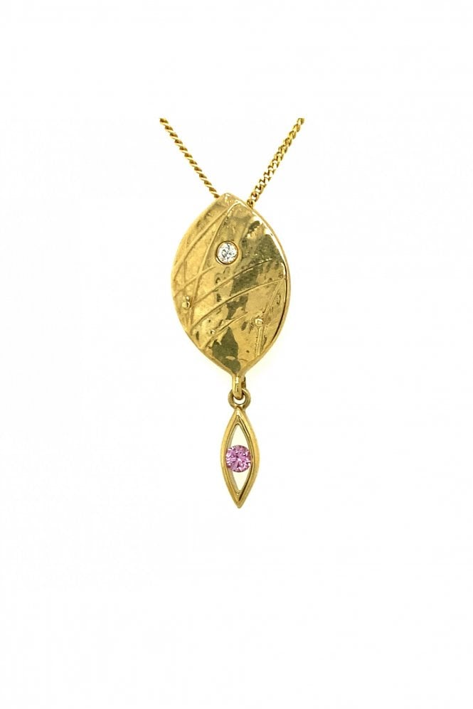 9ct Yellow Gold Diamond & Pink Sapphire Leaf Drop Pendant