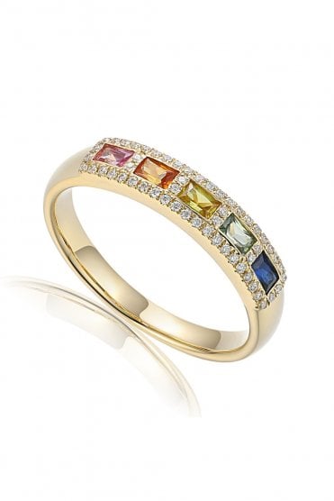 9ct Yellow Gold Diamond & Rainbow Sapphire Ring 9ct Yellow Gold Rub-over & Claw Set