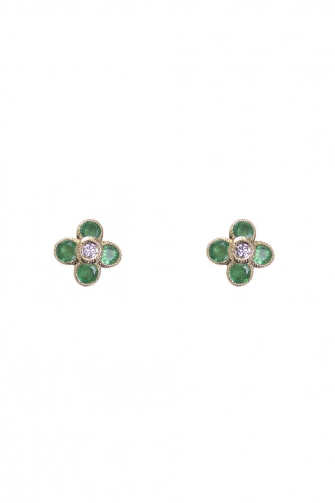 9ct Yellow Gold Emerald & Diamond Stud Earrings 9ct Yellow Gold Rub-over Set