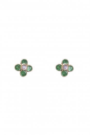 9ct Yellow Gold Emerald & Diamond Stud Earrings 9ct Yellow Gold Rub-over Set