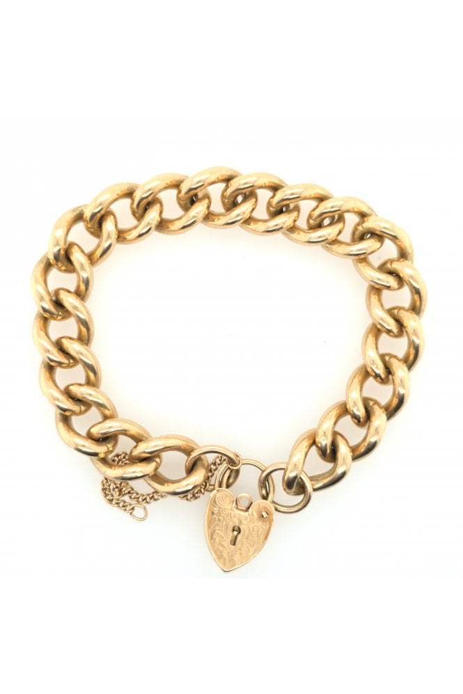 9ct Yellow Gold Heavy Curb Bracelet Heart Lock