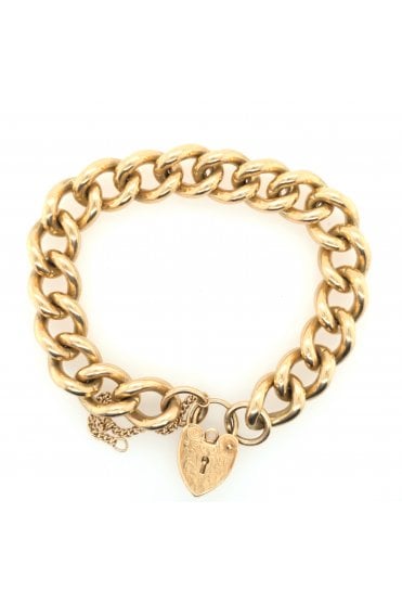 9ct Yellow Gold Heavy Curb Bracelet Heart Lock